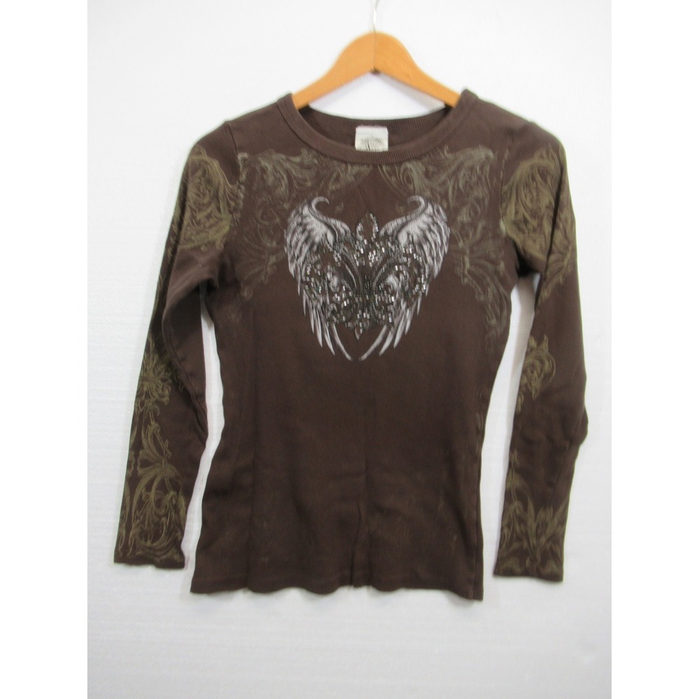 Vocal Apparel Ribbed Rhinestone T-Shirt Junior XL Brown Rocker Y2K Bling